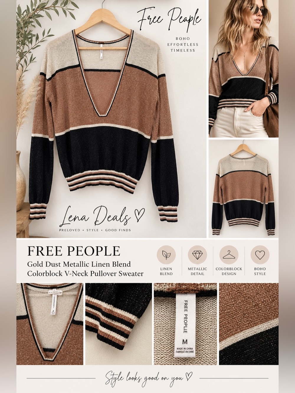 Free People Gold Dust Metallic Linen Blend Colorblock V-Neck Pullover Sweater M